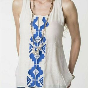 THML Beige tank with blue embroidered Aztec print